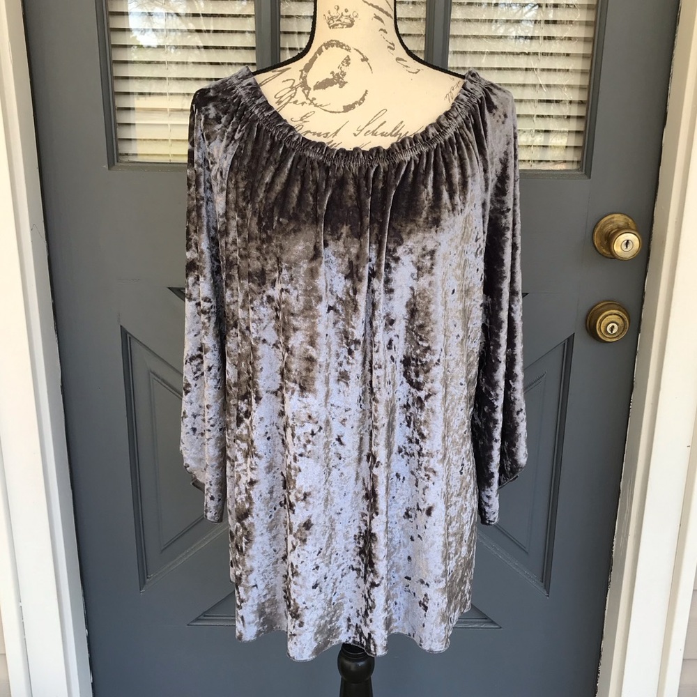 Slinky Brand Soft Plush Grey Velour 3/4 Sleeve Scoop Neck Top Size 1X